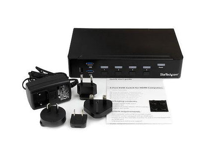 Control up to four HDMI-enabled computers through a single console using the StarTech 4-Port HDMI KVM Switch. It features integrated USB 3.0 hub functionality, support for 1080p video output, and 3.5mm audio pass-through, making it ideal for users needing efficient device-switching with high-speed peripheral access. This external wired KVM switch ensures centralized control with minimal cable clutter.