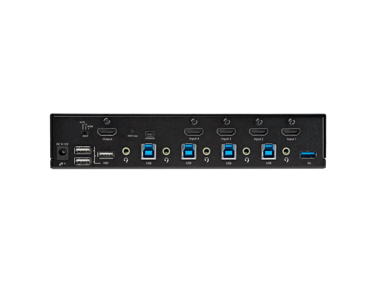 The StarTech 4-Port HDMI KVM Switch with USB 3.0 Hub offers seamless control over four computers using a single 4K UHD monitor, keyboard, and mouse. Supporting 4K at 60Hz, HDR10, HDCP 2.2, and dual-mode audio, it is ideal for high-performance environments like video editing, development labs, and CAD/CAM applications. Integrated USB 3.0 ports offer fast data transfer and peripheral sharing between hosts.