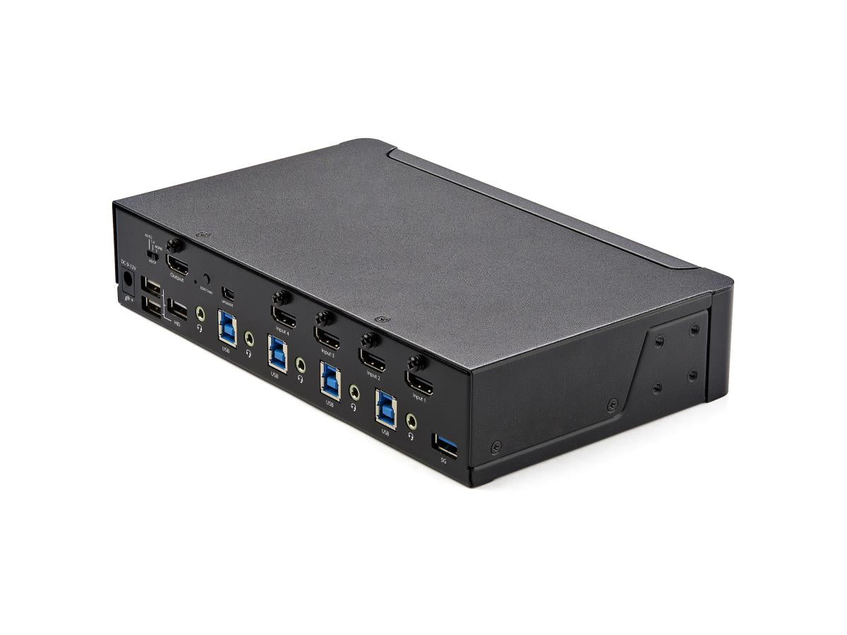 The StarTech 4-Port HDMI KVM Switch with USB 3.0 Hub offers seamless control over four computers using a single 4K UHD monitor, keyboard, and mouse. Supporting 4K at 60Hz, HDR10, HDCP 2.2, and dual-mode audio, it is ideal for high-performance environments like video editing, development labs, and CAD/CAM applications. Integrated USB 3.0 ports offer fast data transfer and peripheral sharing between hosts.