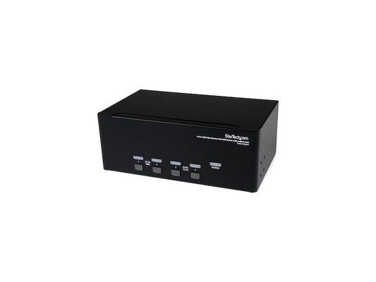Switch between four triple-head computers using the STARTECH 4-Port Triple Monitor DVI USB KVM Switch. It supports up to three DVI displays per system and allows shared use of speakers, microphone, USB keyboard/mouse, and USB 2.0 peripherals, simplifying multi-system management. Ideal for control rooms, gaming rigs, or workstations requiring extended desktop setups.