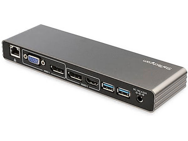 The StarTech TB3DK2DHV Thunderbolt 3 Docking Station delivers versatile video, data, and power connectivity through a single cable. It supports dual 4K monitor setups via DisplayPort, HDMI, or VGA, offers 85W Power Delivery, and features multiple USB-A ports and Gigabit Ethernet. This no-driver solution is ideal for professionals using Thunderbolt 3 laptops like MacBook Pro or Windows/Linux-based systems.