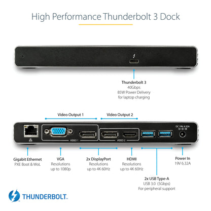 Station d'accueil StarTech Thunderbolt 3 double 4K DP/HDMI/VGA, 85 W PD, TB3, USB-A, GbE