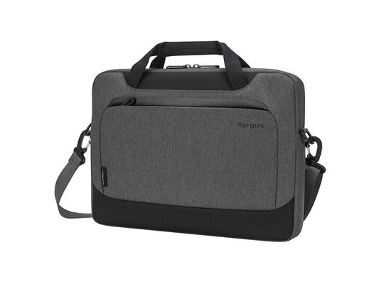 The Targus Cypress Slimcase with EcoSmart is an eco-conscious laptop case for devices up to 14 inches. Constructed from 12 recycled water bottles, it features a slim, single-compartment design with an integrated workstation and a convenient front stash pocket for accessories. Reducing environmental impact while offering reliable portability, it's ideal for professionals on the go.