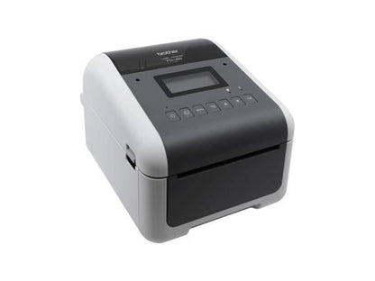 The Brother TD-4550DNWBC is a high-speed direct thermal desktop printer featuring a 300dpi resolution and up to 6 inches per second output. Equipped with broad connectivity including Bluetooth, Wi-Fi, USB, LAN, Serial, and Host USB, it's designed for professional labeling across various media types. This model includes an LCD screen, built-in cutter, and a 2-year premium warranty with SOTI Connect certification for enterprise-level device management.