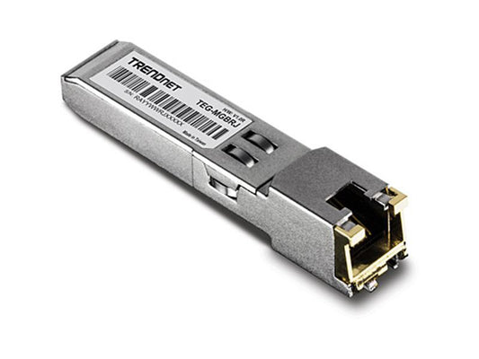 The TRENDnet TEG-MGBRJ is a 1000BASE-T RJ-45 Copper SFP Module designed to deliver high-speed Gigabit Ethernet over standard copper cabling. This transceiver module features an SFP form factor and is compliant with TAA regulations, making it suitable for a wide range of commercial and government applications. It offers reliable compatibility in networking environments where space and performance are critical.
