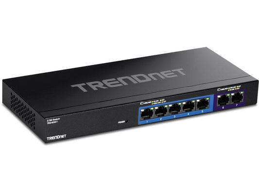 The TRENDnet TEG-S327 is a compact, 7-port multi-gig switch, designed for high-speed wired networking in space-conscious environments. Featuring a fanless wall-mount form factor and versatile port options, it supports up to 5 Gbps data rates with silent operation and low power consumption, ideal for professional workspaces or home network upgrades.