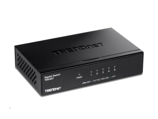 The TRENDnet TEG-S51 is a 5-port gigabit switch designed with a sturdy metal case, ideal for small office and industrial networking environments. With support for up to 10 Gbps data transfer, two SFP ports, and TAA compliance, this switch ensures reliable performance and secure deployment. Includes a lifetime warranty for long-term value.