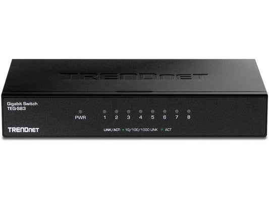 The TRENDnet TEG-S83 is an 8-port Gigabit Ethernet switch housed in a sturdy metal case, designed for high-performance network connectivity. It features 2000 Mbps switching capacity, jumbo frame support, and energy-efficient operation—making it ideal for small offices or power users who prioritize durability and reliability.