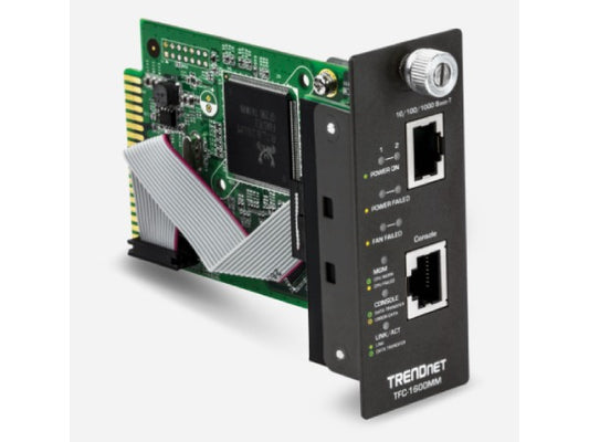 The TRENDnet TFC-1600MM is a Management Module designed exclusively for the TFC-1600 fiber chassis system. With support for SNMP reporting and port-based management, this module enhances network visibility while maintaining compliance with IEEE 802.3 standards. Ideal for enterprise environments looking for robust fiber chassis control and monitoring.