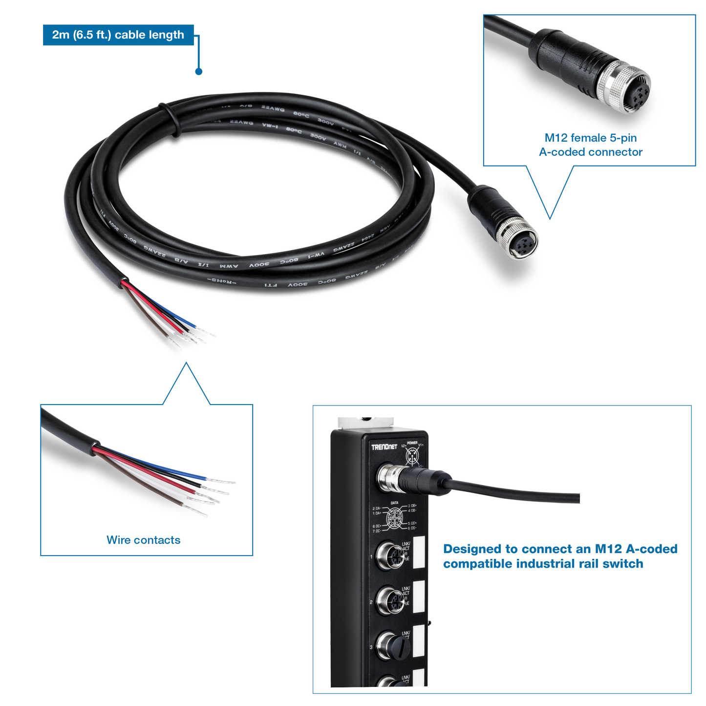 Câble électrique industriel TRENDNET M12 femelle 5 broches, 2 m (TI-CP02)