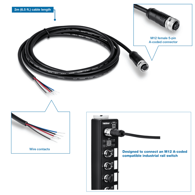 Câble électrique industriel TRENDNET M12 femelle 5 broches, 2 m (TI-CP02)