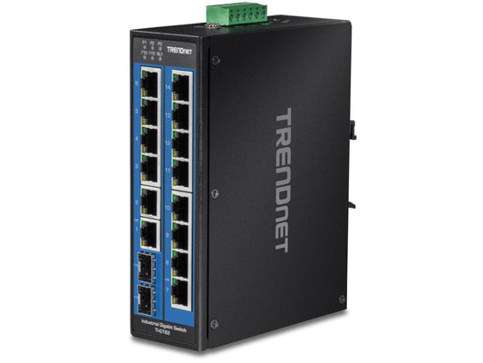 The TRENDnet TI-G162 is a rugged 16-Port Industrial Gigabit switch, engineered for demanding environments requiring reliable networking performance. With TAA compliance and industrial-grade construction, it's ideal for use in government, military, and heavy industrial applications where durability and consistent throughput are critical.