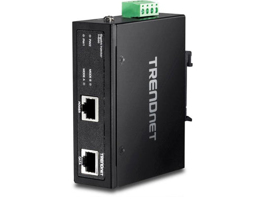 The TRENDnet TI-IG30 is a hardened industrial Gigabit PoE+ injector designed for rugged environments requiring dependable high-speed data and power transmission. Compliant with IEEE 802.3af and 802.3at standards, it delivers 1 Gbps connectivity and PoE+ support for interfacing with industrial network equipment. Engineered for durability and performance, this unit offers exceptional reliability backed by a three-year limited warranty.