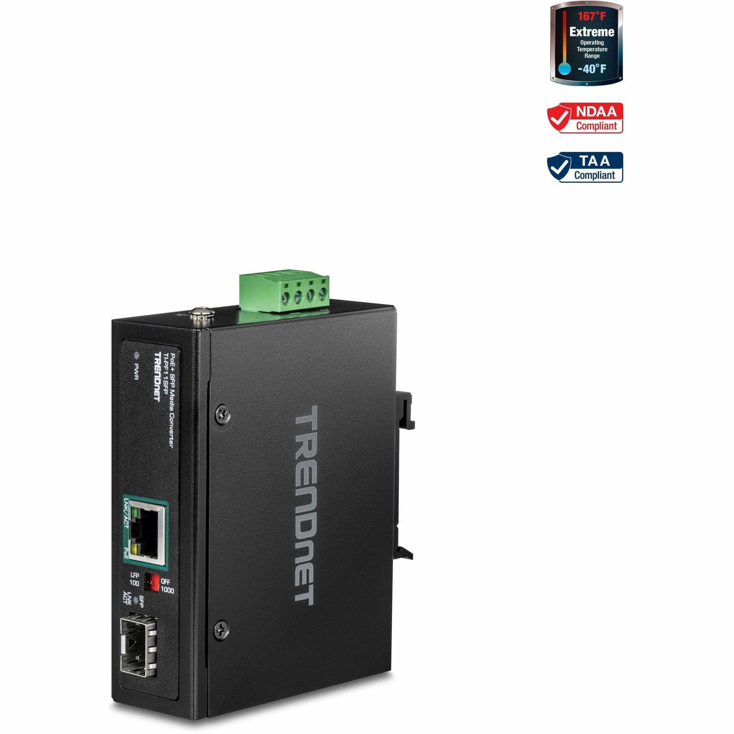 Convertisseur SFP industriel renforcé vers Gigabit PoE+ TRENDnet TI-PF11SFP