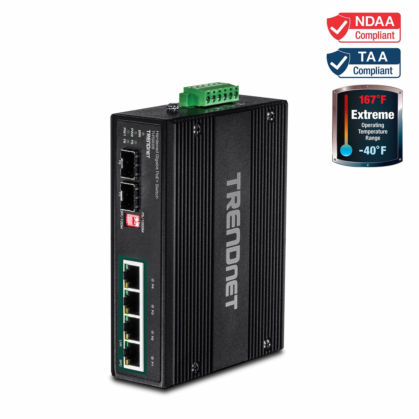TRENDnet TI-PG62B 6-Port Industrial Gigabit PoE+ Switch with 2 SFP Slots