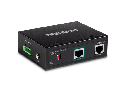 The TRENDnet TI-SG104 is an industrial-grade Gigabit splitter designed for reliable data and power delivery in harsh environments. Supporting Ultra PoE and IEEE networking standards, it enables long-distance connections to non-PoE devices. Built to ensure flexible mounting and dependable operation, it comes with a 3-year warranty and accessories for quick installation.