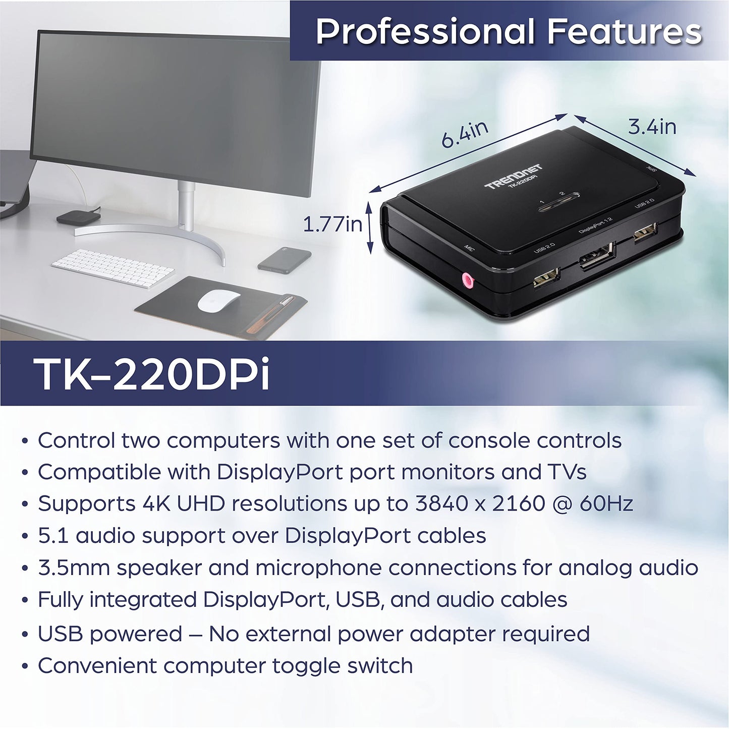 TRENDnet TK-220DPI 2-Port 4K DisplayPort KVM Switch