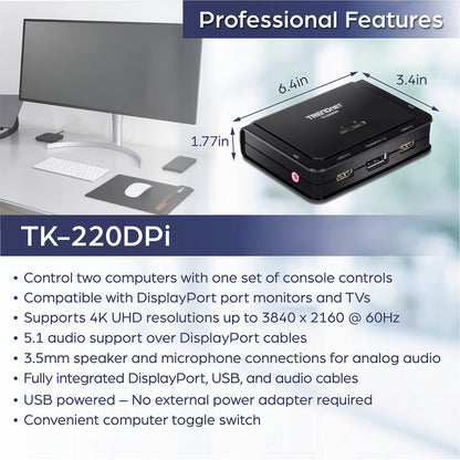 TRENDnet TK-220DPI 2-Port 4K DisplayPort KVM Switch