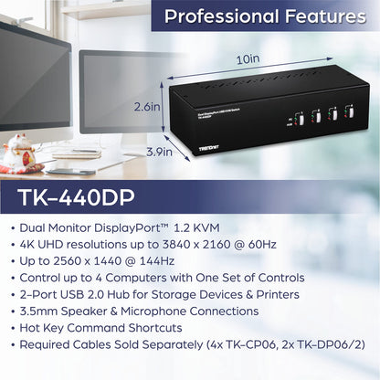 Commutateur KVM DisplayPort à 4 ports pour deux écrans TRENDnet TK-440DP