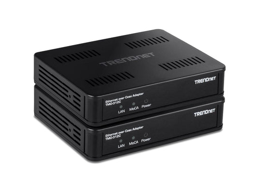 The TRENDNET MoCA 2.5 Ethernet over Coax Adapter (2-Pack) enables high-speed wired networking using existing coaxial wiring, delivering a seamless and stable connection. With a throughput of up to 2.5 Gbps, this pair is ideal for streaming, gaming, or extending your home or office network without new cabling. Includes one female coax port and one RJ-45 Ethernet interface per adapter.