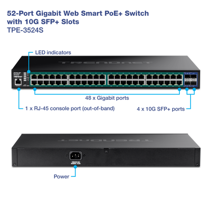 TRENDnet TPE-3524S 52-Port Gigabit PoE+ Switch with 10G SFP+