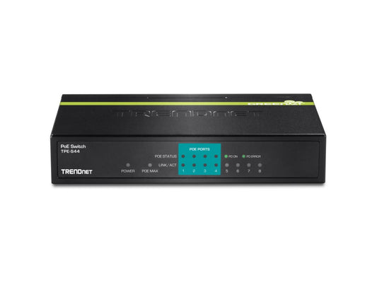 The TRENDNET TPE-S44 is an 8-port Fast Ethernet switch featuring 4 Power over Ethernet (PoE) ports, offering simplicity and efficiency in delivering both power and data over a single cable. Designed for small to medium-sized networks, it supports IEEE 802.1p QoS and a 30W PoE power budget for reliable device connectivity. Ideal for IP surveillance, VoIP phones, and wireless access points deployments.
