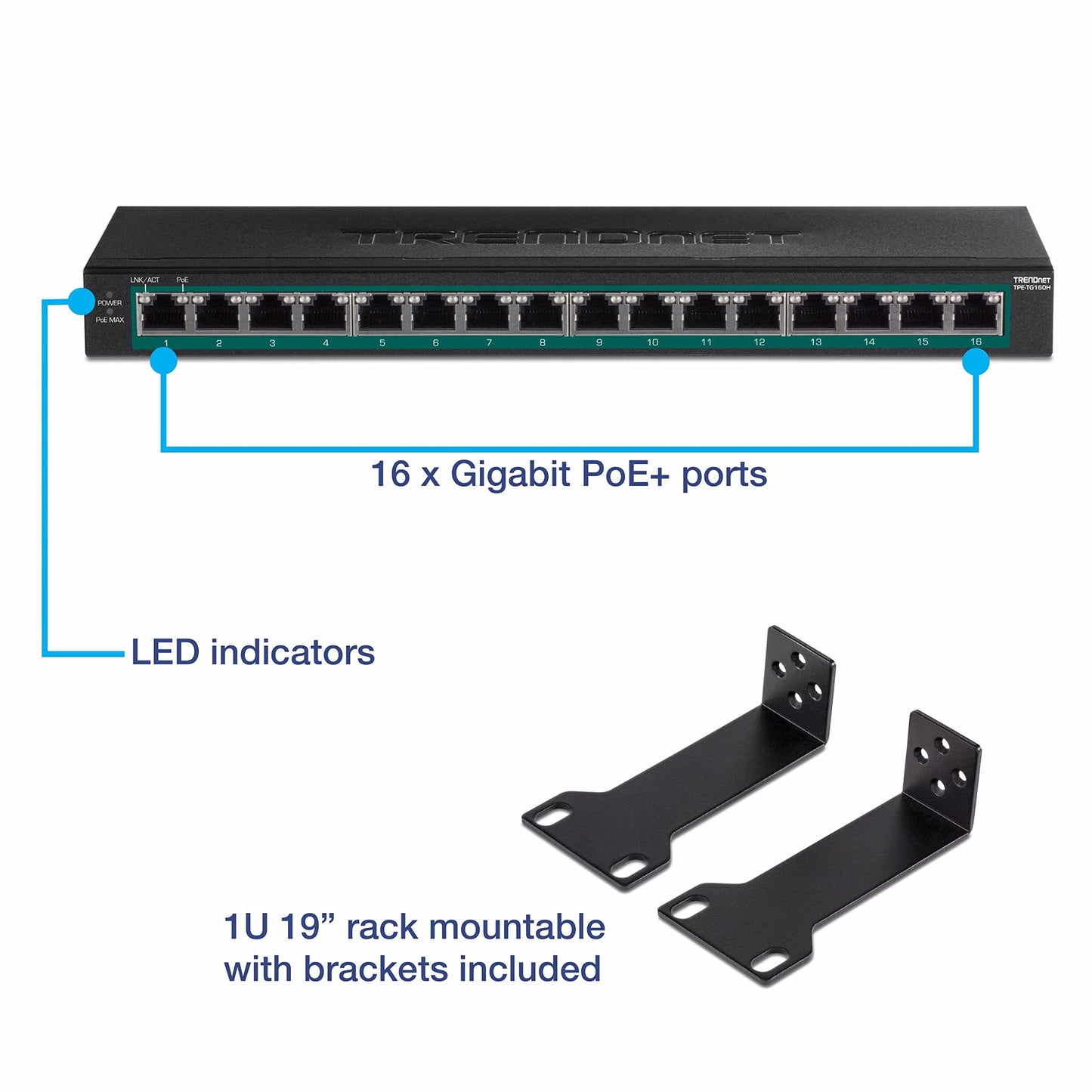 TRENDnet TPE-TG160H 16-Port Gigabit PoE+ Switch (123W)