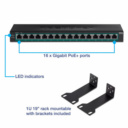 TRENDnet TPE-TG160H 16-Port Gigabit PoE+ Switch (123W)