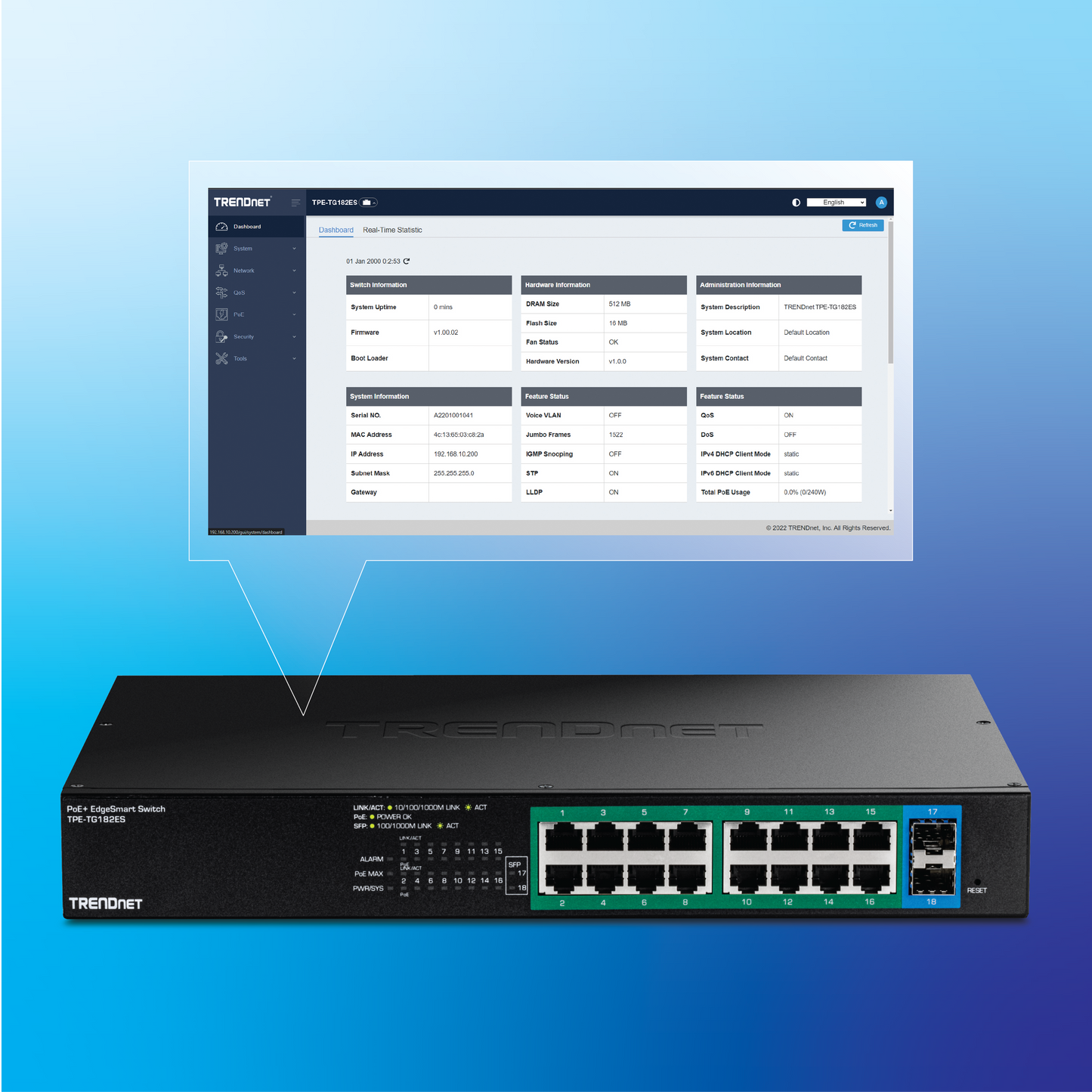 Commutateur PoE+ EdgeSmart Gigabit 18 ports TRENDNET TPE-TG182ES