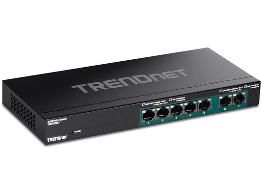 The TRENDnet TPE-TG327 is a 7-Port Multi-Gig PoE+ Switch offering a reliable wired solution with high data throughput and efficient power management. Featuring a fanless design for silent operation, this compact wall-mountable unit is ideal for modern PoE deployments. With five PoE+ ports and support for Gigabit Ethernet, it's a solid option for expanding network infrastructure.