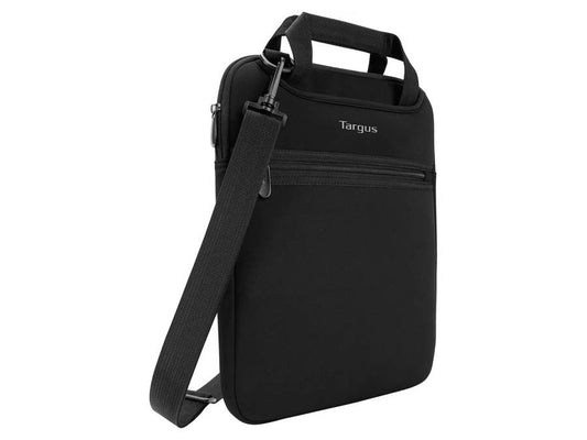 The TARGUS Vertical Slipcase with Hideaway Handles offers stylish, slim protection for laptops up to 12 inches. Crafted from durable neoprene and featuring a front zippered pocket for accessories, this black compact case blends convenience and protection in a vertical form factor ideal for professionals on the go.