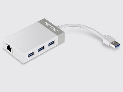 The TRENDnet TU3-ETGH3 combines high-speed data transmission with network connectivity in a compact form factor. Featuring a USB 3.0 interface and Gigabit Ethernet support, this device offers fast, wired networking capability along with a built-in USB hub for expanded connectivity. Ideal for users needing enhanced networking performance and peripheral access on limited-port laptops or tablets.
