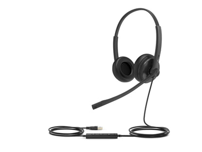 The YEALINK UH34 Dual UC is a professional USB-wired headset designed for Unified Communications applications. Featuring dual-ear (binaural) coverage, supra-aural fit, and leather ear cushions, it ensures comfort during prolonged usage. Equipped with a noise-canceling microphone and USB-A 2.0 interface, it's built for clear voice transmission and reliable daily performance.