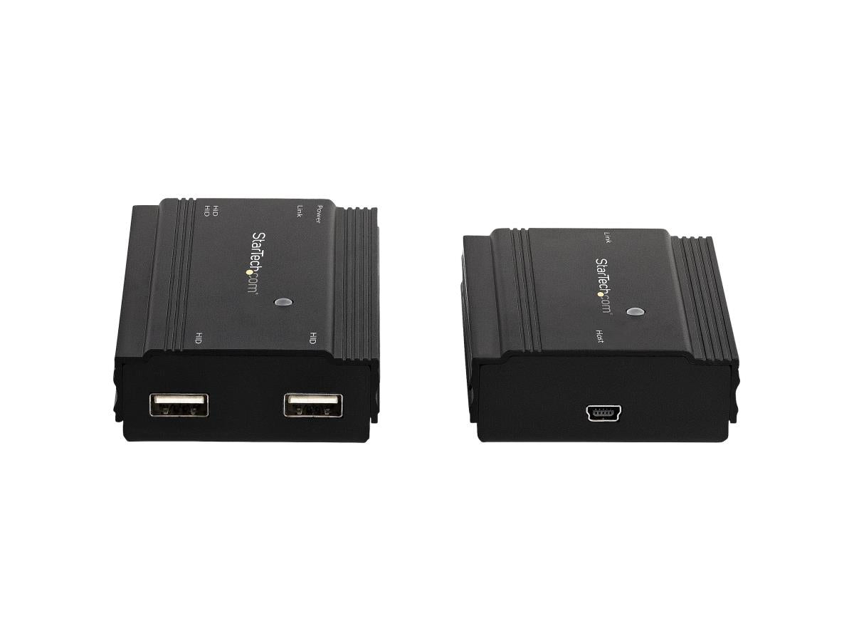 The StarTech 4-Port USB 2.0 Extender Hub allows remote access to four USB devices up to 330 feet away through a single CAT5e/CAT6 cable. Housed in rugged metal, this commercial-grade extender is plug-and-play across Windows, macOS, and Linux systems, supporting 480Mbps transfer speeds and 500mA of power per port. Ideal for remote USB peripherals like cameras, printers, or control interfaces in high-demand environments.