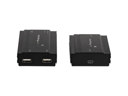The StarTech 4-Port USB 2.0 Extender Hub allows remote access to four USB devices up to 330 feet away through a single CAT5e/CAT6 cable. Housed in rugged metal, this commercial-grade extender is plug-and-play across Windows, macOS, and Linux systems, supporting 480Mbps transfer speeds and 500mA of power per port. Ideal for remote USB peripherals like cameras, printers, or control interfaces in high-demand environments.