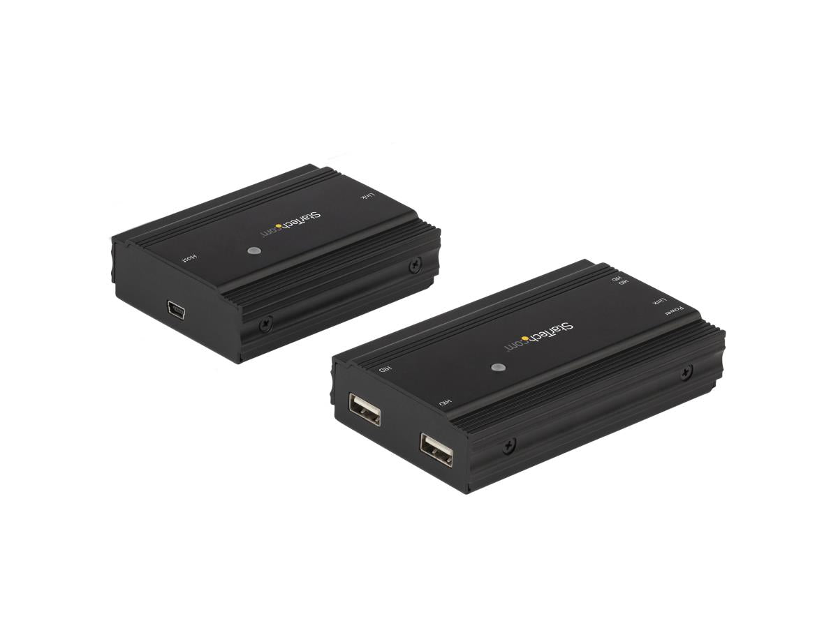 The StarTech 4-Port USB 2.0 Extender Hub allows remote access to four USB devices up to 330 feet away through a single CAT5e/CAT6 cable. Housed in rugged metal, this commercial-grade extender is plug-and-play across Windows, macOS, and Linux systems, supporting 480Mbps transfer speeds and 500mA of power per port. Ideal for remote USB peripherals like cameras, printers, or control interfaces in high-demand environments.