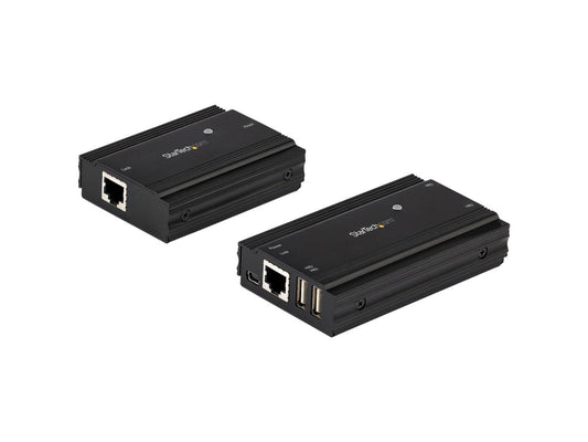 The StarTech 4-Port USB 2.0 Extender Hub allows remote access to four USB devices up to 330 feet away through a single CAT5e/CAT6 cable. Housed in rugged metal, this commercial-grade extender is plug-and-play across Windows, macOS, and Linux systems, supporting 480Mbps transfer speeds and 500mA of power per port. Ideal for remote USB peripherals like cameras, printers, or control interfaces in high-demand environments.