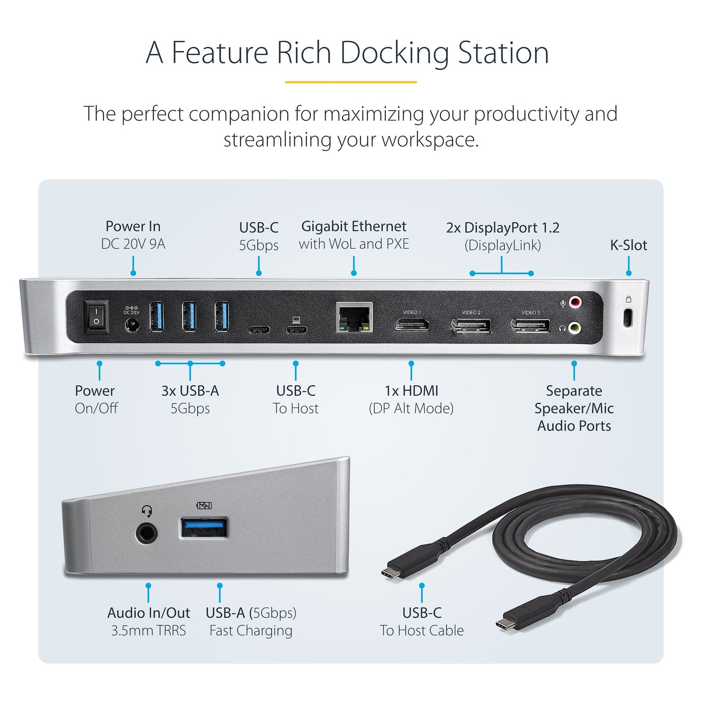 Station d'accueil USB 3.0 STARTECH USB3DOCKH2DP pour trois écrans