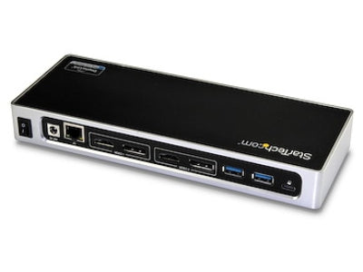 The StarTech USB 3.0 Docking Station Dual HDMI/4K DP is a versatile, high-performance docking hub designed to expand connectivity for laptops. Supporting DisplayPort 4K and HDMI outputs, it includes USB 3.2 ports, RJ-45 Ethernet, and fast-charge capabilities in a compact black enclosure. Ideal for workspace efficiency and TAA-compliant environments.