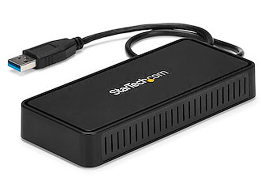 StarTech's USB 3.0 Mini Dock delivers high-performance connectivity with dual DisplayPort outputs supporting 4K at 60Hz and integrated Gigabit Ethernet. Designed for USB Type-A laptops and ultrabooks, this DisplayLink-certified, bus-powered dock allows for seamless multi-display productivity. Ideal for professional users with limited desk space or mobile work environments.