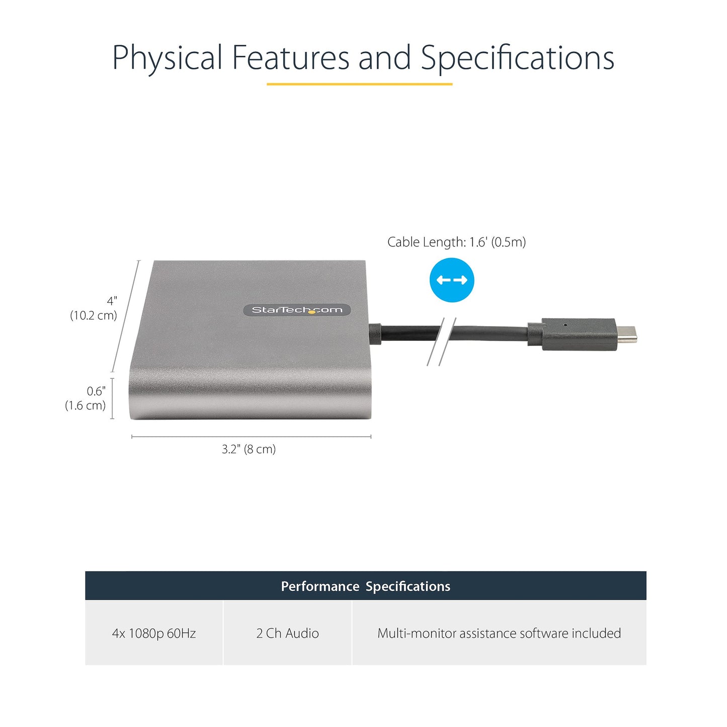 Adaptateur StarTech USB-C vers HDMI Quad, sortie 4x1080p, Windows uniquement, 0,5 m