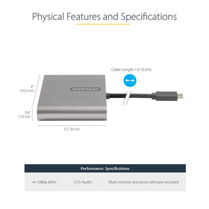Adaptateur StarTech USB-C vers HDMI Quad, sortie 4x1080p, Windows uniquement, 0,5 m