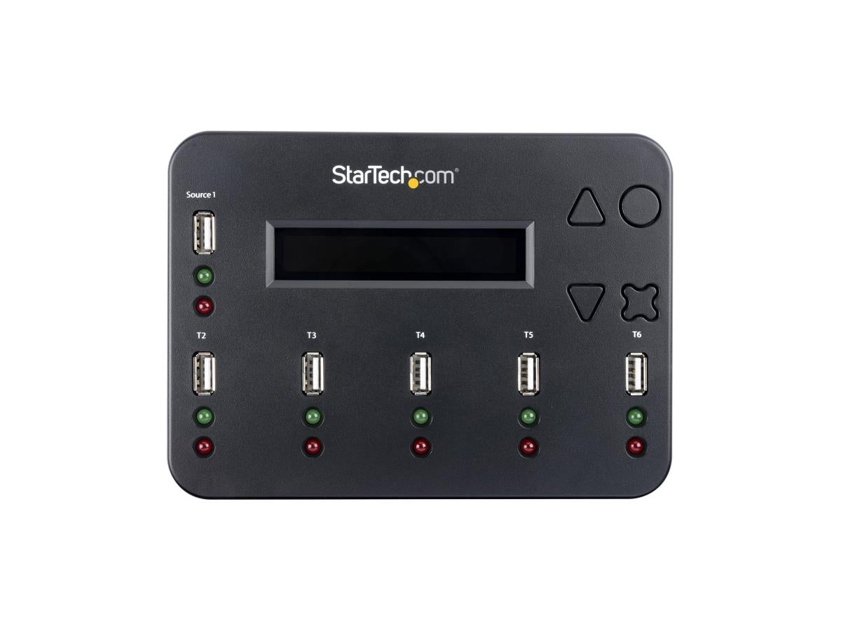 The StarTech USBDUP15 is a standalone 1-to-5 flash drive duplicator and eraser that supports USB 3.0/2.0 flash media at speeds of up to 1.5 GB/min. Equipped with advanced erase modes and TAA compliance, it's ideal for IT professionals handling secure data duplication and sanitization tasks. Streamline data distribution, securely wipe drives, and boost operational efficiency with this all-in-one solution.