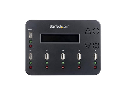 The StarTech USBDUP15 is a standalone 1-to-5 flash drive duplicator and eraser that supports USB 3.0/2.0 flash media at speeds of up to 1.5 GB/min. Equipped with advanced erase modes and TAA compliance, it's ideal for IT professionals handling secure data duplication and sanitization tasks. Streamline data distribution, securely wipe drives, and boost operational efficiency with this all-in-one solution.