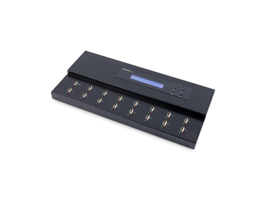 Efficiently duplicate or securely erase up to 15 USB flash drives simultaneously with this standalone StarTech USB duplicator. Designed for IT professionals and service technicians, it supports both USB 3.0 and 2.0 drives, features a durable steel chassis, and offers DoD/NIST-compliant 3-pass erasure. With its standalone operation and intuitive LCD menu, it eliminates the need for a host computer while enhancing productivity in environments requiring large-scale USB data deployment.