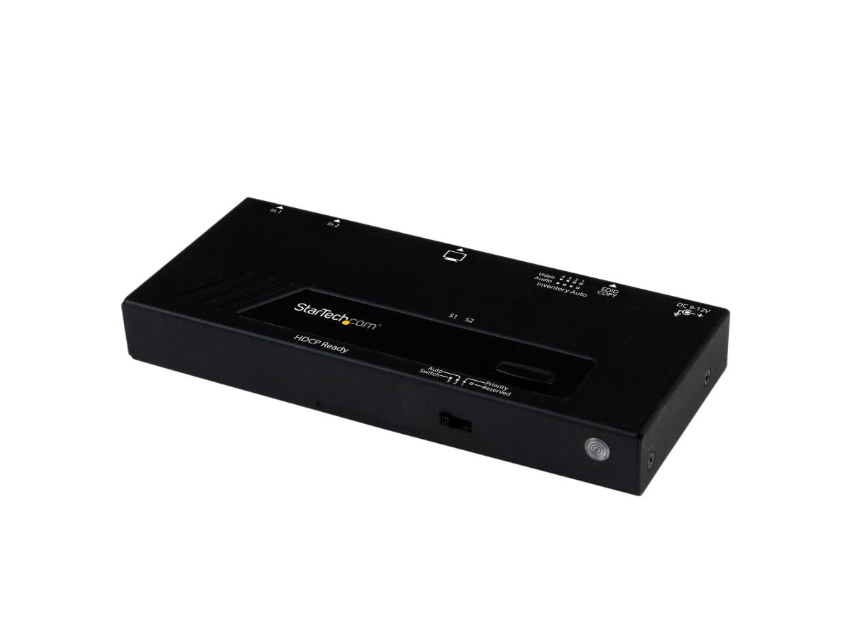The StarTech VS221HDQ is a 2-port HDMI switch designed to automatically share an HDMI display or projector between two HDMI video sources. It features automatic priority switching for seamless signal management, making it ideal for professional AV setups or multi-device environments. Its compact, durable design and universal power support provide reliability and ease of use in any installation scenario.