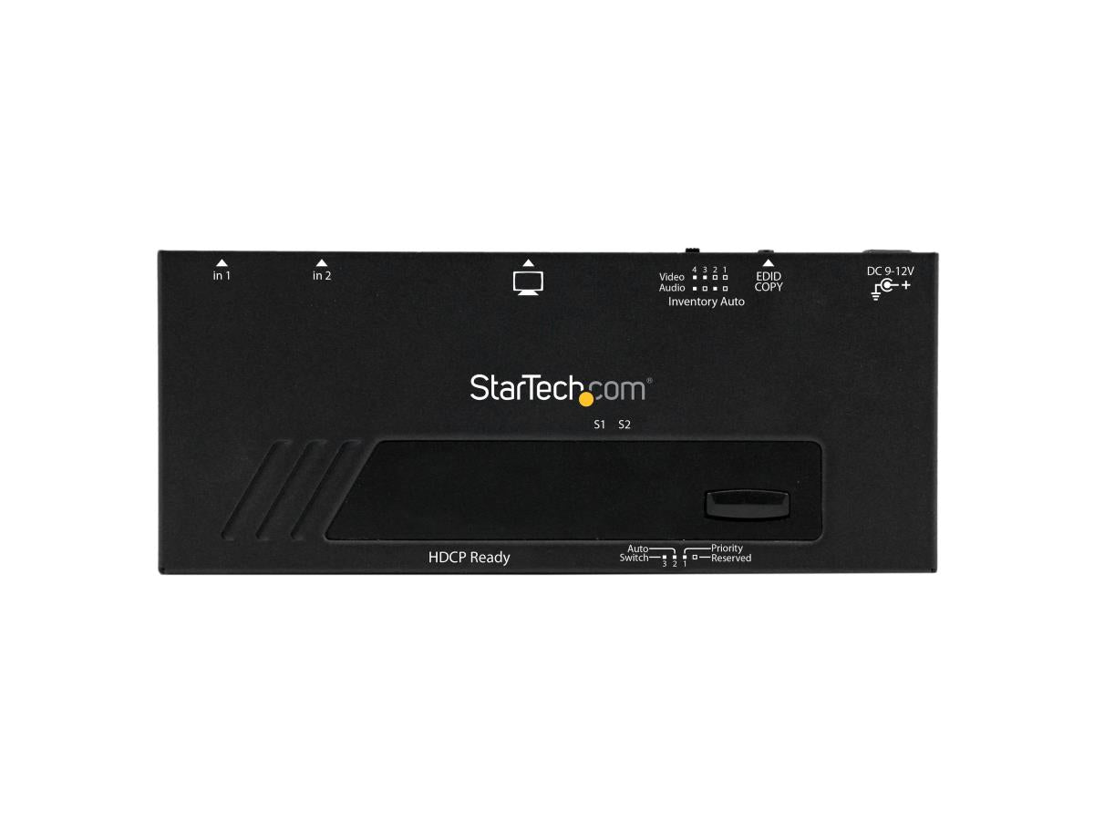 The StarTech VS221HDQ is a 2-port HDMI switch designed to automatically share an HDMI display or projector between two HDMI video sources. It features automatic priority switching for seamless signal management, making it ideal for professional AV setups or multi-device environments. Its compact, durable design and universal power support provide reliability and ease of use in any installation scenario.