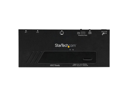 The StarTech VS221HDQ is a 2-port HDMI switch designed to automatically share an HDMI display or projector between two HDMI video sources. It features automatic priority switching for seamless signal management, making it ideal for professional AV setups or multi-device environments. Its compact, durable design and universal power support provide reliability and ease of use in any installation scenario.