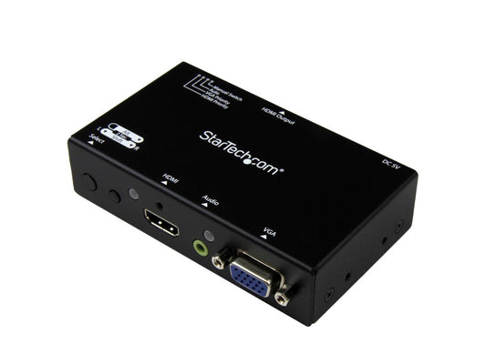 Share an HDMI display between two sources—one VGA and one HDMI—with the StarTech VS221VGA2HD converter switch. Ideal for conference rooms, classrooms, or shared AV setups, it automatically detects and prioritizes input sources for seamless display switching without needing multiple adapters or re-cabling.