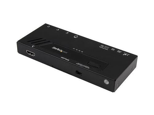 Switch seamlessly between four HDMI inputs on a single 4K HDMI display with the StarTech 4-Port HDMI Automatic Video Switch. Designed for ease of use and minimal signal disruption, this 4x1 HDMI switch supports crystal-clear Ultra HD resolutions and offers RS-232 serial control for professional AV integrations. Built with a durable steel chassis and TAA compliance, it's engineered for performance in commercial and institutional settings.